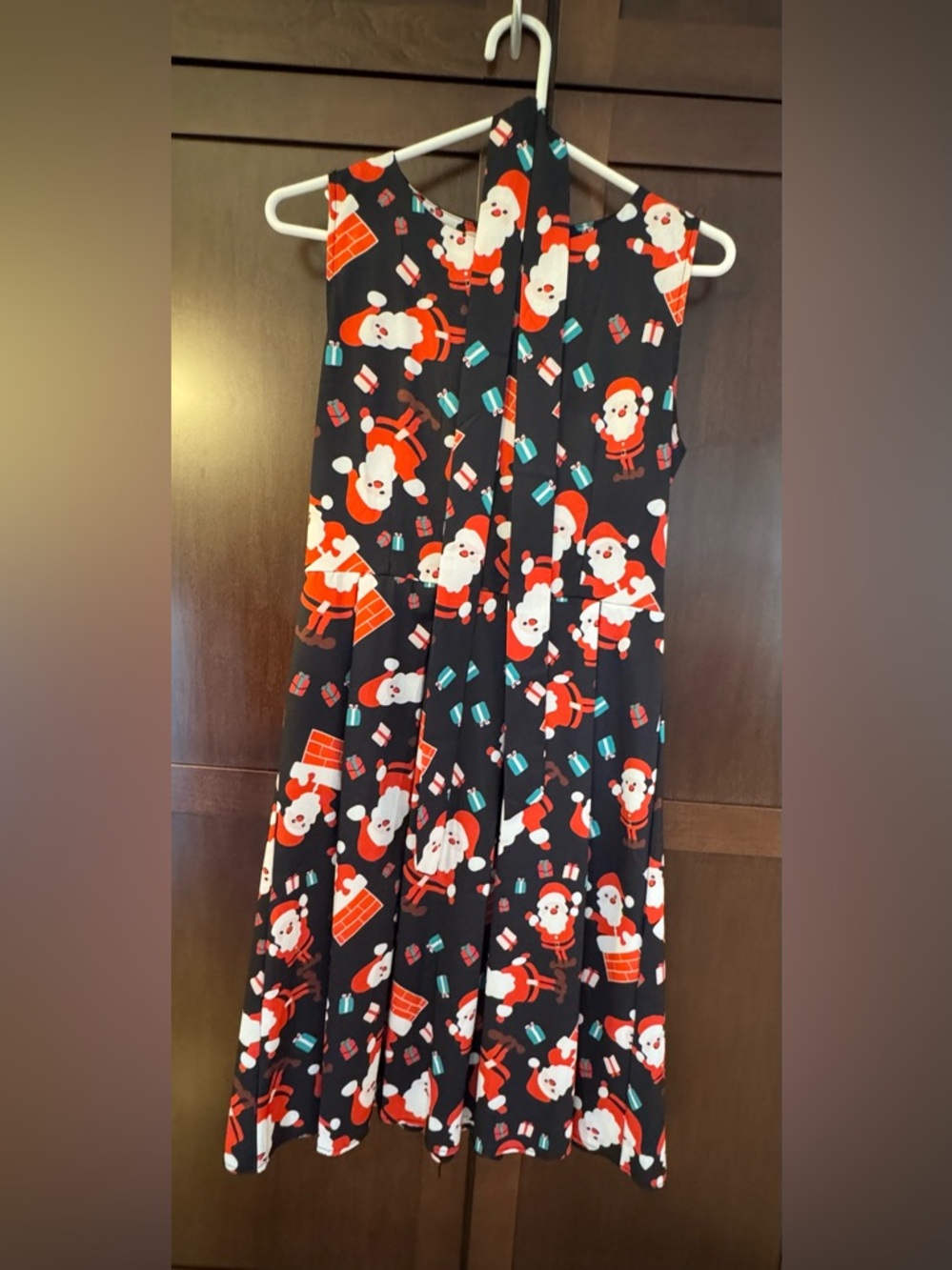 Festive Santa Print Black Holiday Dress